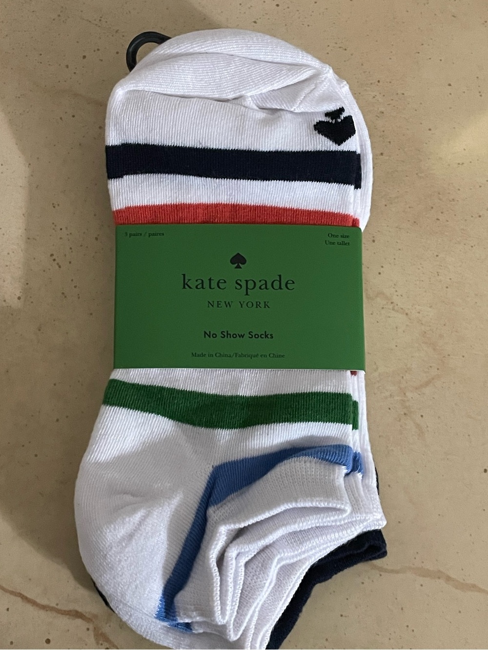 kate spade No-Show Socks with Navy, Red, Green & Blue Stripes - 3 Pack NEW